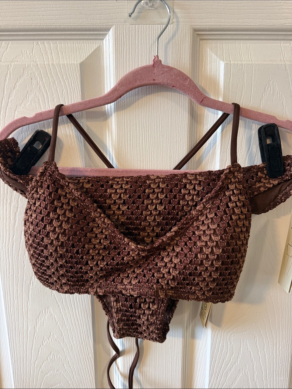 AMAZING DETAIL Brown Crochet Off-Shoulder Women's Top